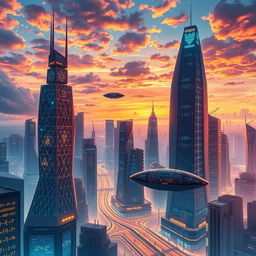 A visually striking illustration of a futuristic cityscape filled with advanced technology, where mathematics visually intertwines with architecture