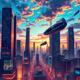 A visually striking illustration of a futuristic cityscape filled with advanced technology, where mathematics visually intertwines with architecture