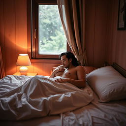 A cozy small room in a Turkish hotel, featuring a bedside table lamp that casts a warm, gentle glow