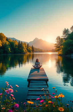 A serene and inspiring scene depicting personal growth: a beautiful sunrise over a tranquil lake, with a lone figure meditating on a small wooden dock
