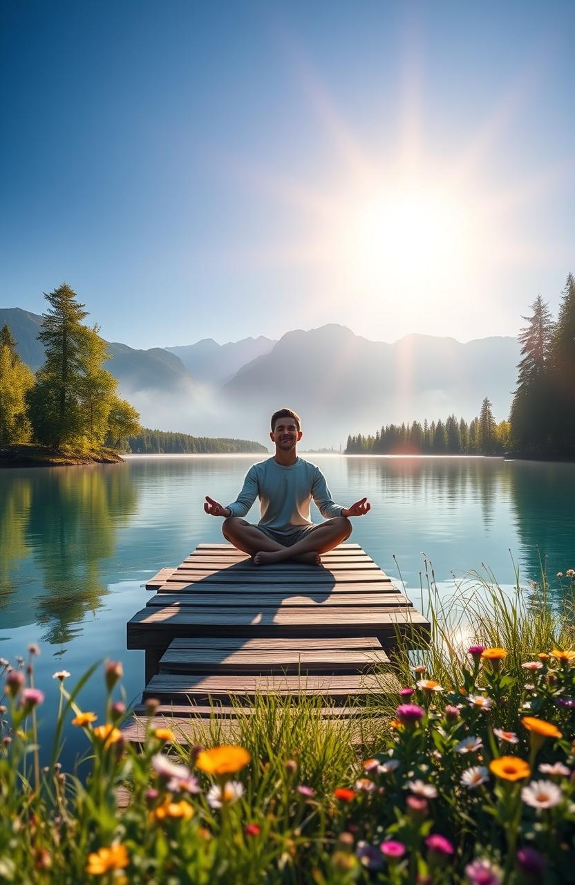 A serene and inspiring scene depicting personal growth: a beautiful sunrise over a tranquil lake, with a lone figure meditating on a small wooden dock