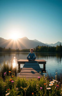 A serene and inspiring scene depicting personal growth: a beautiful sunrise over a tranquil lake, with a lone figure meditating on a small wooden dock