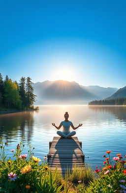A serene and inspiring scene depicting personal growth: a beautiful sunrise over a tranquil lake, with a lone figure meditating on a small wooden dock
