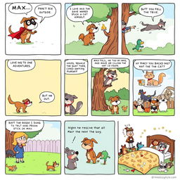 A humorous and whimsical comic strip with 10 panels, featuring a quirky dog named Max who loves to go on adventures