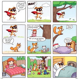 A humorous and whimsical comic strip with 10 panels, featuring a quirky dog named Max who loves to go on adventures