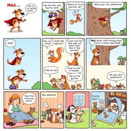 A humorous and whimsical comic strip with 10 panels, featuring a quirky dog named Max who loves to go on adventures