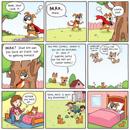 A humorous and whimsical comic strip with 10 panels, featuring a quirky dog named Max who loves to go on adventures