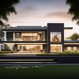 Detailed blueprint of a modern, luxurious house with spacious interiors featuring high-end appliances, expansive windows, a landscaped yard, and a sophisticated colour palette.