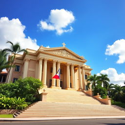 A regional trial court building set in the Philippines, showcasing its distinctive architectural features such as large columns, a grand facade with intricate detailing, and expansive steps leading to the entrance