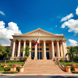 A regional trial court building set in the Philippines, showcasing its distinctive architectural features such as large columns, a grand facade with intricate detailing, and expansive steps leading to the entrance