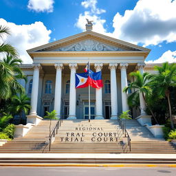 A regional trial court building set in the Philippines, showcasing its distinctive architectural features such as large columns, a grand facade with intricate detailing, and expansive steps leading to the entrance