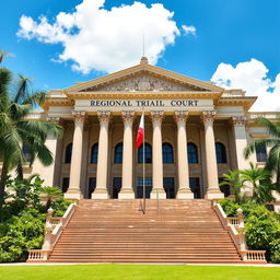 A regional trial court building set in the Philippines, showcasing its distinctive architectural features such as large columns, a grand facade with intricate detailing, and expansive steps leading to the entrance