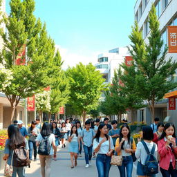 A vibrant and lively street scene in South Korea, showcasing the atmosphere of Kookmin University during a sunny day