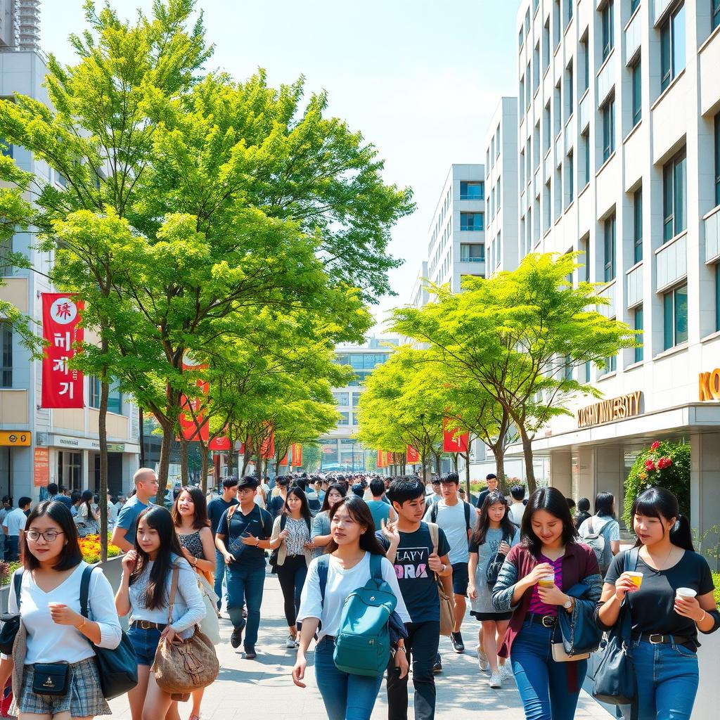 A vibrant and lively street scene in South Korea, showcasing the atmosphere of Kookmin University during a sunny day