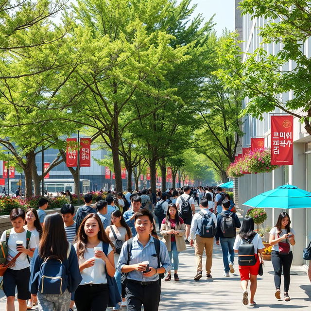 A vibrant and lively street scene in South Korea, showcasing the atmosphere of Kookmin University during a sunny day