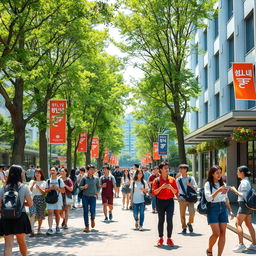 A vibrant and lively street scene in South Korea, showcasing the atmosphere of Kookmin University during a sunny day