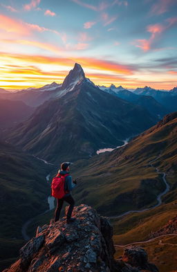 A breathtaking landscape that vividly represents a journey 'beyond comfort-zone', featuring a stunning mountain range with a dramatic sunset, vibrant colors reflecting in the sky