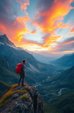 A breathtaking landscape that vividly represents a journey 'beyond comfort-zone', featuring a stunning mountain range with a dramatic sunset, vibrant colors reflecting in the sky