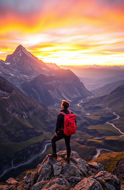 A breathtaking landscape that vividly represents a journey 'beyond comfort-zone', featuring a stunning mountain range with a dramatic sunset, vibrant colors reflecting in the sky