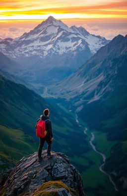 A breathtaking landscape that vividly represents a journey 'beyond comfort-zone', featuring a stunning mountain range with a dramatic sunset, vibrant colors reflecting in the sky