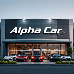 An external facade design for a car dealership named 'Alpha Car', featuring a sleek, modern aesthetic that embodies automotive themes