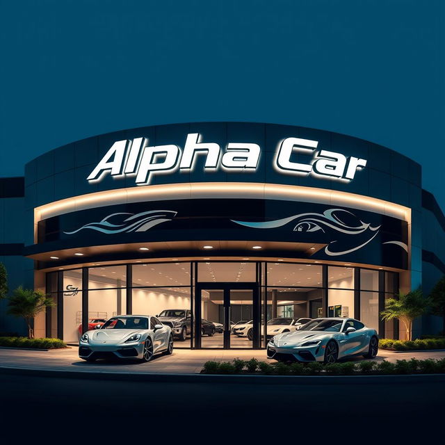 An external facade design for a car dealership named 'Alpha Car', featuring a sleek, modern aesthetic that embodies automotive themes