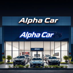 An external facade design for a car dealership named 'Alpha Car', featuring a sleek, modern aesthetic that embodies automotive themes