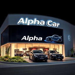 An external facade design for a car dealership named 'Alpha Car', featuring a sleek, modern aesthetic that embodies automotive themes