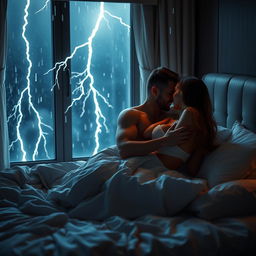 An intimate moment on a luxurious bed, soft linens rustling as two lovers share a passionate embrace