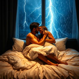 An intimate moment on a luxurious bed, soft linens rustling as two lovers share a passionate embrace