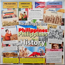 A vibrant educational poster collage showcasing the rich history of the Philippines