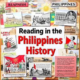 A vibrant educational poster collage showcasing the rich history of the Philippines