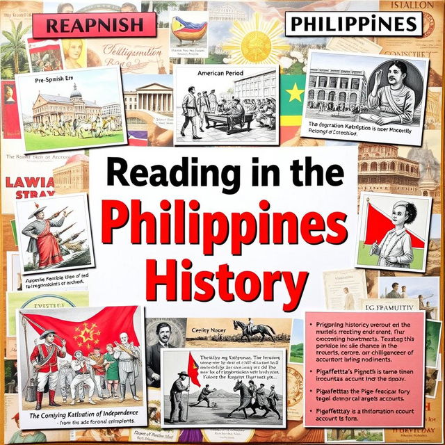 A vibrant educational poster collage showcasing the rich history of the Philippines
