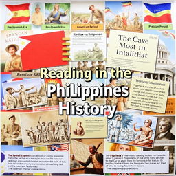 A vibrant educational poster collage showcasing the rich history of the Philippines