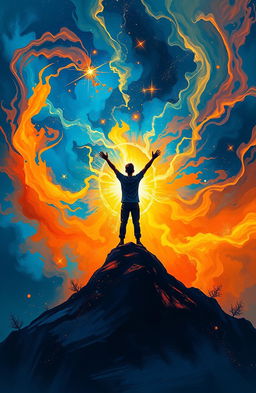 An abstract depiction of unleashed potential, featuring vibrant colors like electric blue, fiery orange, and luminous yellow swirling together in a cosmic explosion