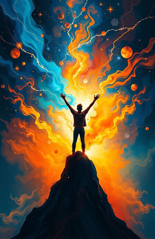 An abstract depiction of unleashed potential, featuring vibrant colors like electric blue, fiery orange, and luminous yellow swirling together in a cosmic explosion