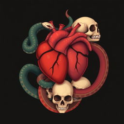 A simple, symbolic illustration representing life and death, featuring human hearts intertwined with skulls and snakes