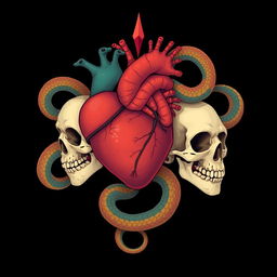A simple, symbolic illustration representing life and death, featuring human hearts intertwined with skulls and snakes