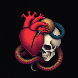 A simple, symbolic illustration representing life and death, featuring human hearts intertwined with skulls and snakes