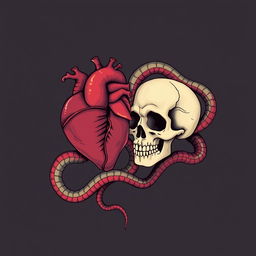 A simple, symbolic illustration representing life and death, featuring human hearts intertwined with skulls and snakes