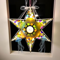 A decorative 5-pointed star parol (traditional Filipino Christmas lantern) featuring broken CDs as a mosaic covering the pointed tips of each star arm, excluding the center part