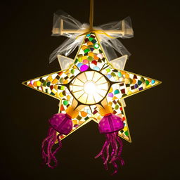 A decorative 5-pointed star parol (traditional Filipino Christmas lantern) featuring broken CDs as a mosaic covering the pointed tips of each star arm, excluding the center part