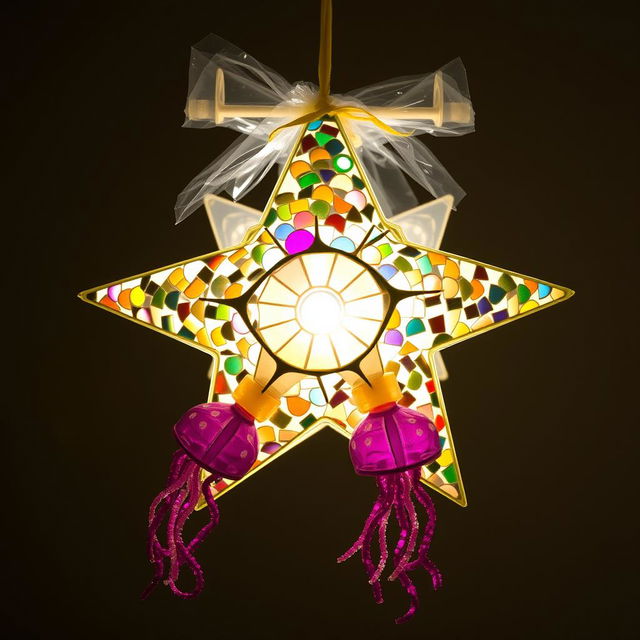 A decorative 5-pointed star parol (traditional Filipino Christmas lantern) featuring broken CDs as a mosaic covering the pointed tips of each star arm, excluding the center part