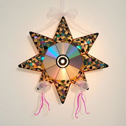 A decorative 5-pointed star parol (traditional Filipino Christmas lantern) featuring broken CDs as a mosaic covering the pointed tips of each star arm, excluding the center part