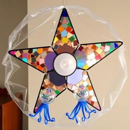 A decorative 5-pointed star parol (traditional Filipino Christmas lantern) featuring broken CDs as a mosaic covering the pointed tips of each star arm, excluding the center part
