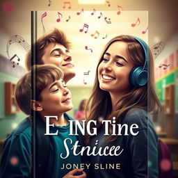 A captivating book cover featuring a teenage boy immersed in music, wearing headphones, with his eyes closed, experiencing bliss