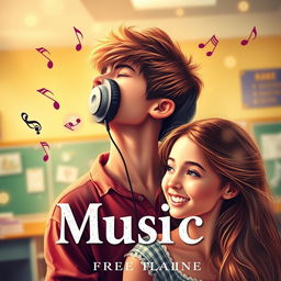 A captivating book cover featuring a teenage boy immersed in music, wearing headphones, with his eyes closed, experiencing bliss