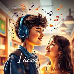 A captivating book cover featuring a teenage boy immersed in music, wearing headphones, with his eyes closed, experiencing bliss