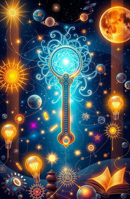 A vivid, intricately designed visual representation of the concept of 'Unlocking Genius', featuring an elegant, futuristic key that emanates bright, swirling patterns of light and energy