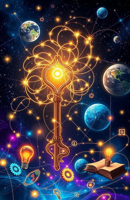 A vivid, intricately designed visual representation of the concept of 'Unlocking Genius', featuring an elegant, futuristic key that emanates bright, swirling patterns of light and energy